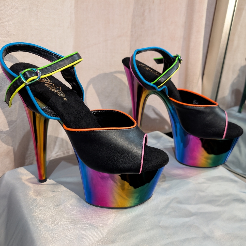 Pleasers Stilleto Psychedelic UV Rainbow Platform Heels Exotic Dancer Shoes 7"